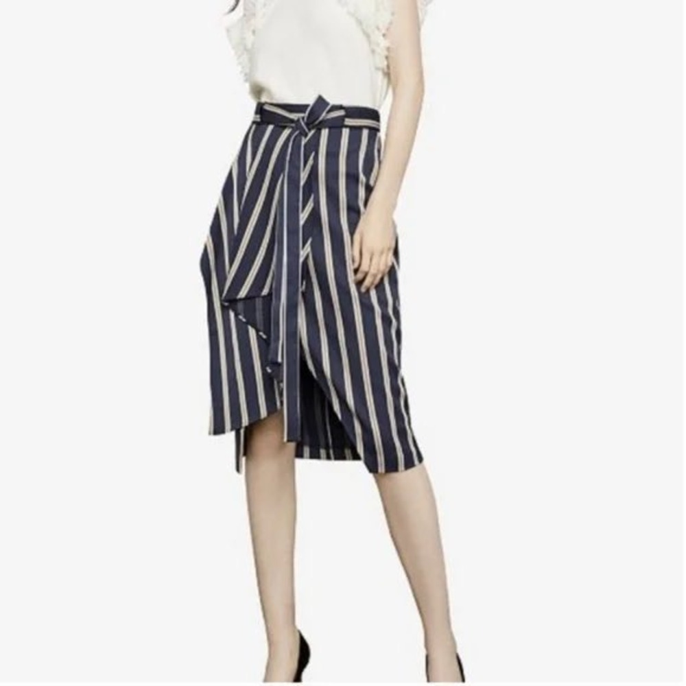 BCBG MAXAZRIA Womens Striped Faux Wrap Midi Skirt XXS Tie Waist Navy‎ Gold NWT